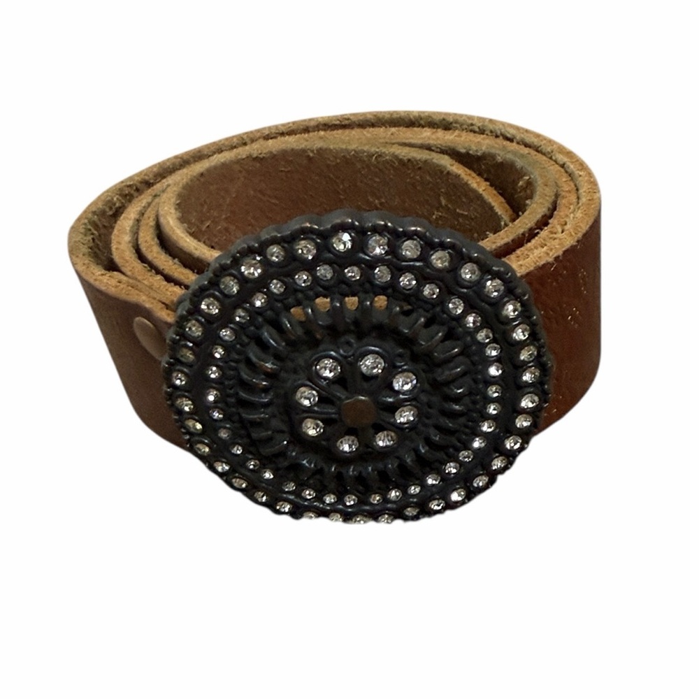 Fossil Brown Leather Belt with Circular Faux Diamond Buckle Size Medium